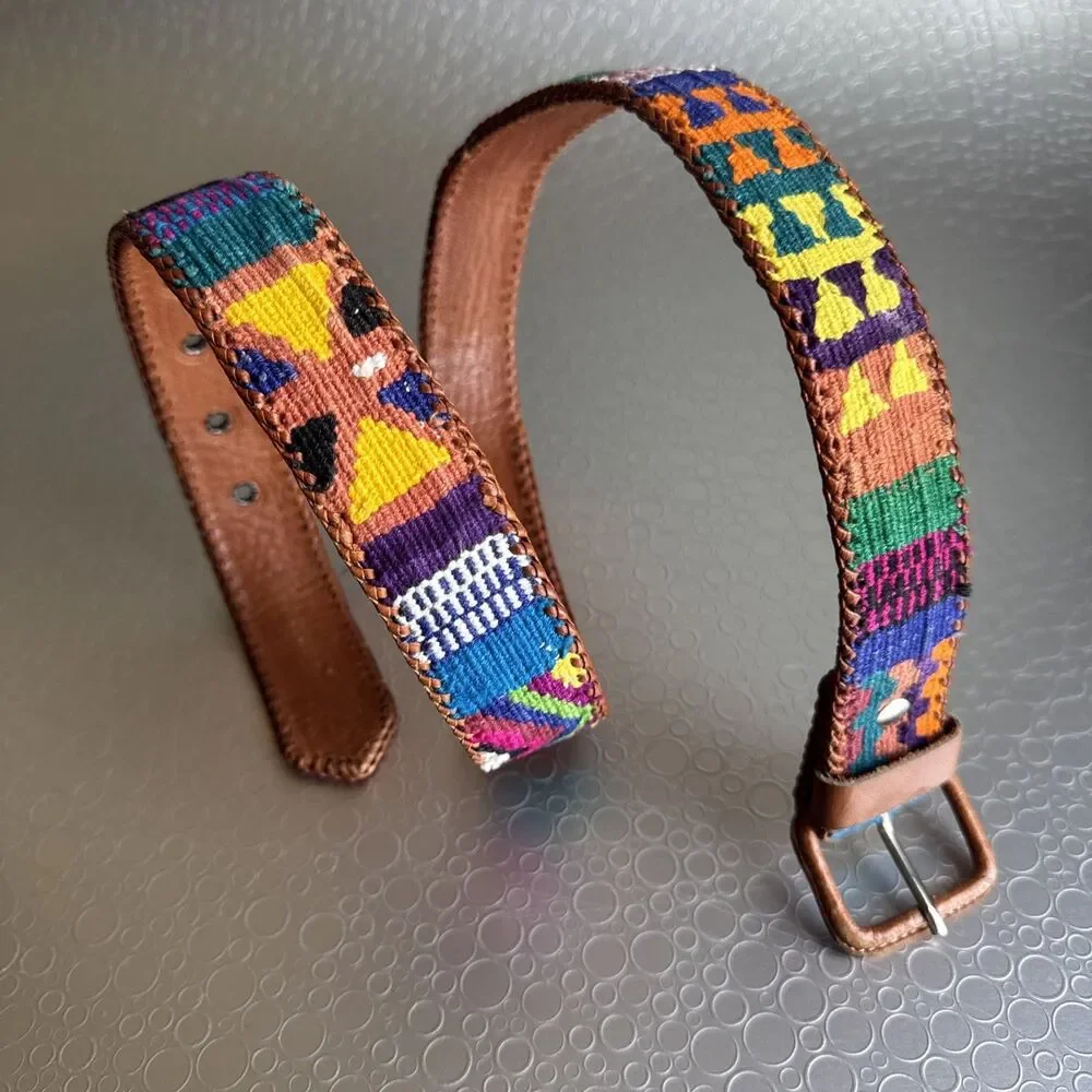 Vintage Handmade Guatemala Woven Belt 32 Cotton Leather Aztec Folk Art Southwest